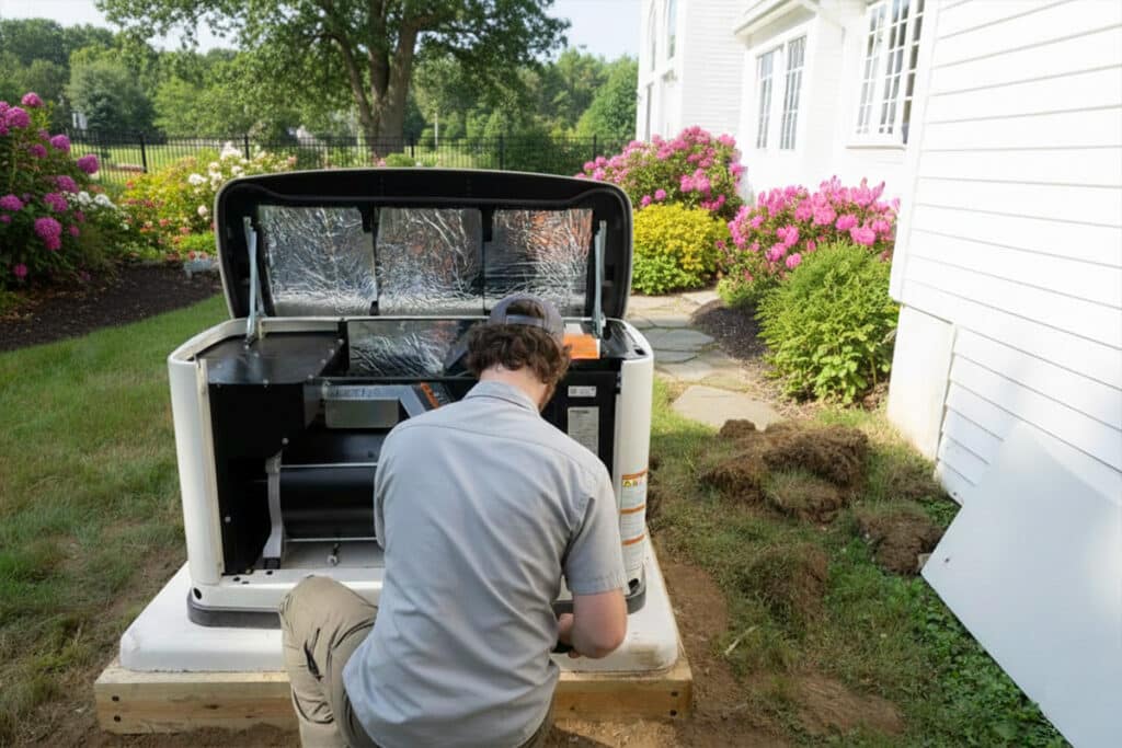 Technician working on a residential generator installation.