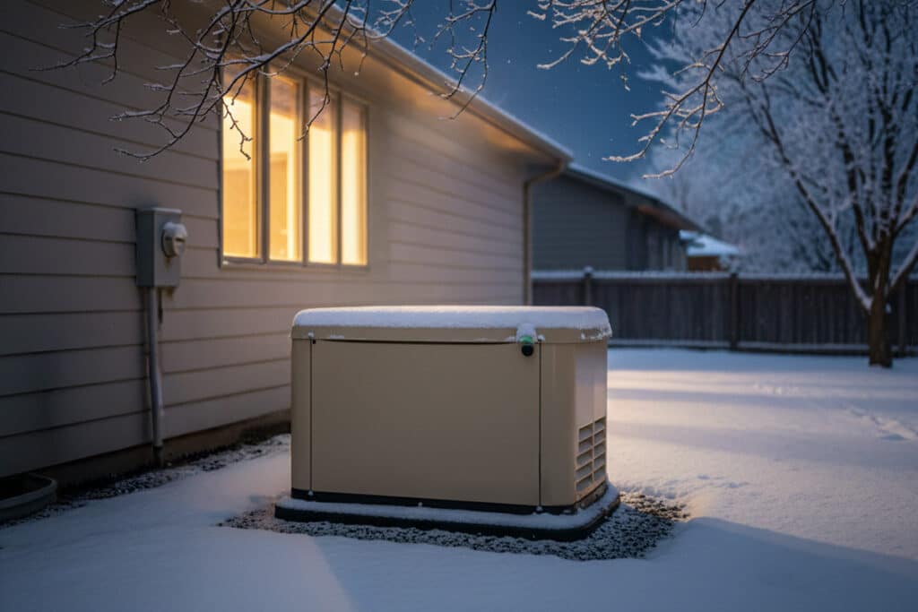 A home generator covered in snow during a winter night.