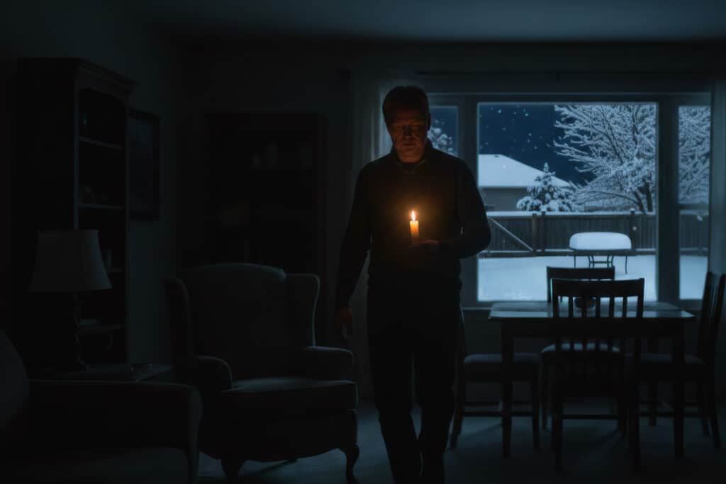A man illuminated by candlelight in a dark room