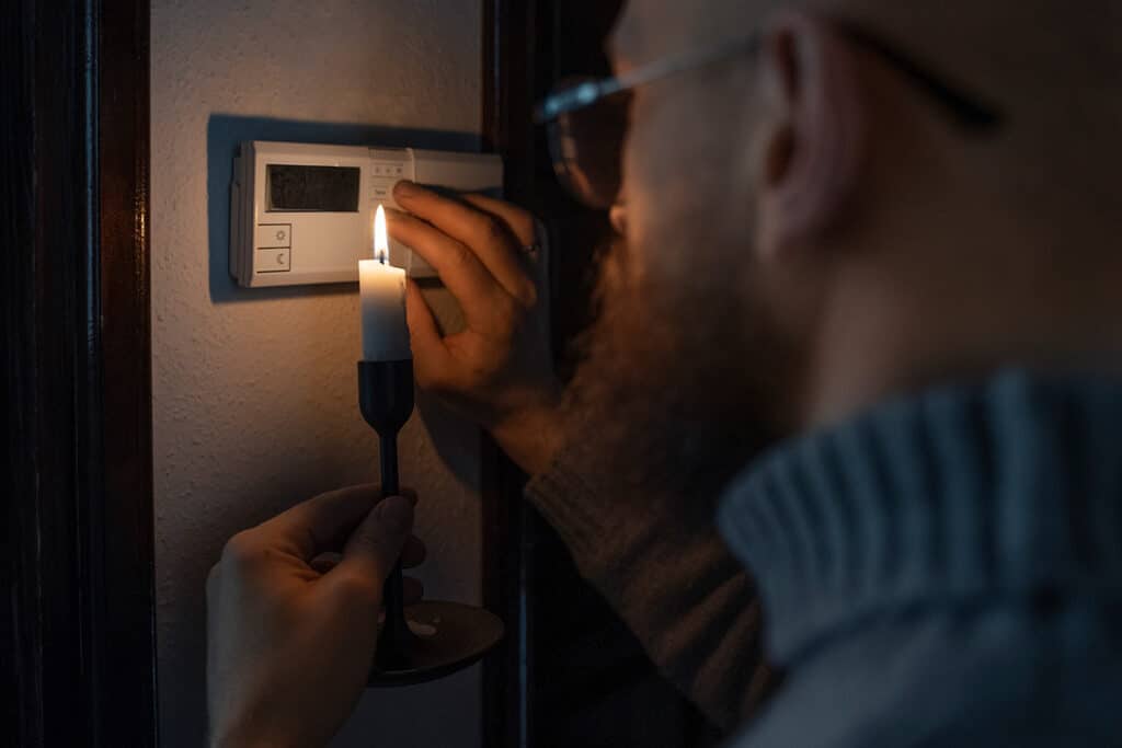 A person adjusting a thermostat using candlelight during a power outage