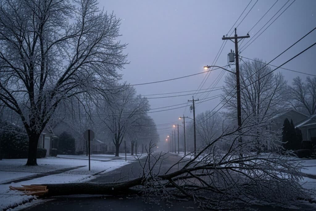 A fallen tree on a snowy street after a winter storm.